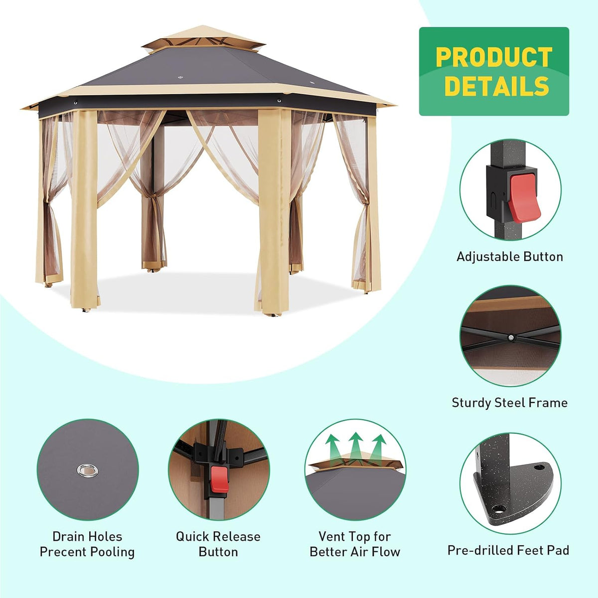 13' x 13' Pop-Up Gazebo, Hexagonal Canopy Shelter with 6 Zippered Mesh Netting, Event Tent with Strong Steel Frame for Backyard, Garden, Lawn, Khaki and Beige