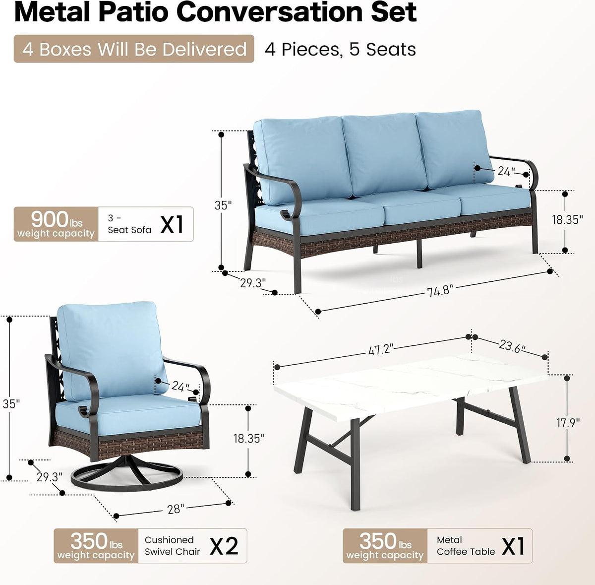 SUNSHINE VALLEY 4 PCS Metal Outdoor Patio Furniture Set, Patio Conversation Sets 1 3-Seater Sofa, 2 Swivel Chairs with 5.75' Extra Thick Cushion & Coffee Table, Black Frame Backyard Furniture, Blue