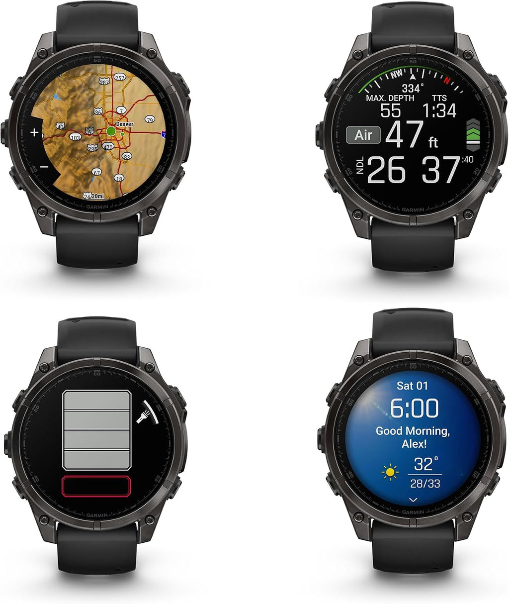Garmin Fenix 8 47MM AMOLED Sapphire Premium Multisport GPS Smartwatch Carbon Gray DLC Titanium with Black Gray Silicone Band, Built-in LED Flashlight, Fitness & Health Smart Watch Bundle for Men
