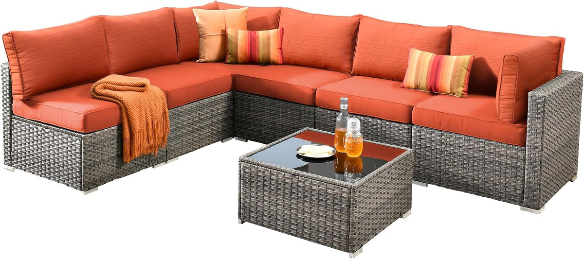 Weaxty 7 Pieces Outdoor Patio Furniture Set,Wicker Sectional Sofa Couch with Thicken Cushion and Glass Coffee Table,All Weather Rattan Patio Conversation Sets for Porch,Poolside,Backyard,Orange Red