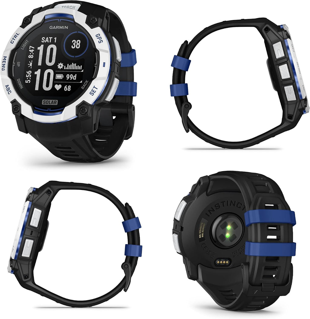 Garmin Instinct 3 Solar Rugged GPS Smartwatch, 50 mm Case, Unlimited Battery with Solar Charging, Multi-Band GPS with SatIQ, Built-in Flashlight, Supernova Collection, Whitestone with Black/Bolt Blue