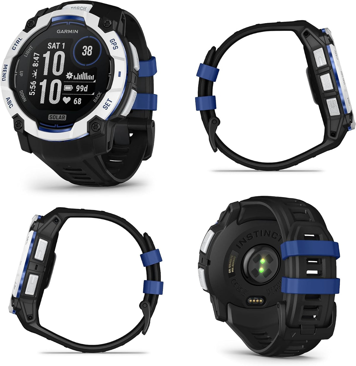 Garmin Instinct 3 Solar Rugged GPS Smartwatch, 50 mm Case, Unlimited Battery with Solar Charging, Multi-Band GPS with SatIQ, Built-in Flashlight, Supernova Collection, Whitestone with Black/Bolt Blue