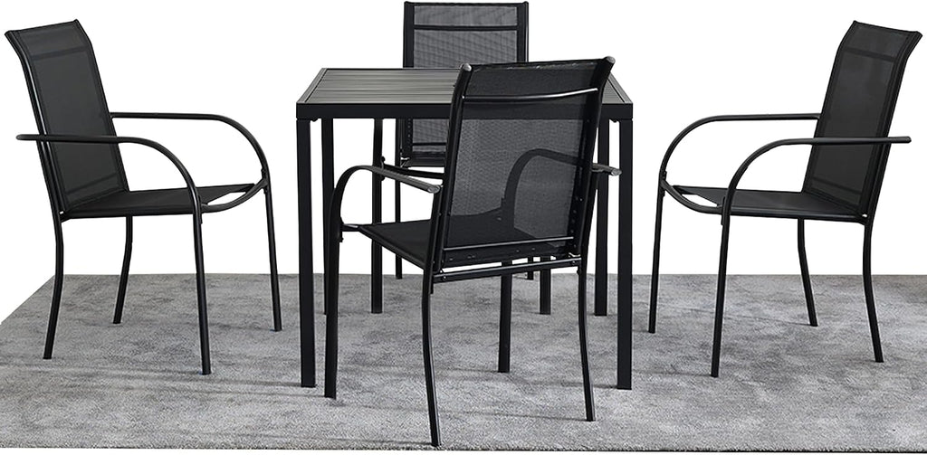 5-Piece Outdoor Dining Set, 35.5' Square Metal Patio Table with Black Chairs, Black Table with Umbrella Hole for Garden, Yard, Patio