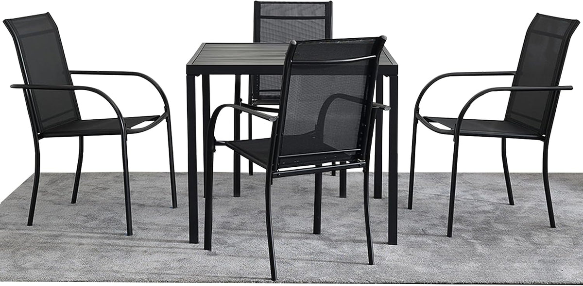 5-Piece Outdoor Dining Set, 35.5' Square Metal Patio Table with Black Chairs, Black Table with Umbrella Hole for Garden, Yard, Patio