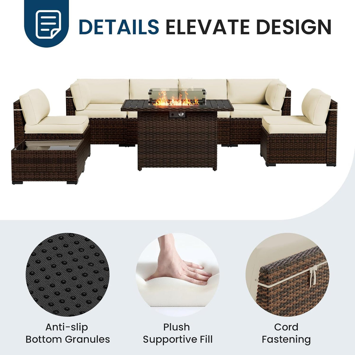 Amopatio 8-Piece Outdoor Patio Furniture Set with 44' Fire Pit Table, Modern Rattan Sectional Couch with Tempered Glass Coffee Table, Thickened Cushions and Include Waterproof Cover (Khaki)