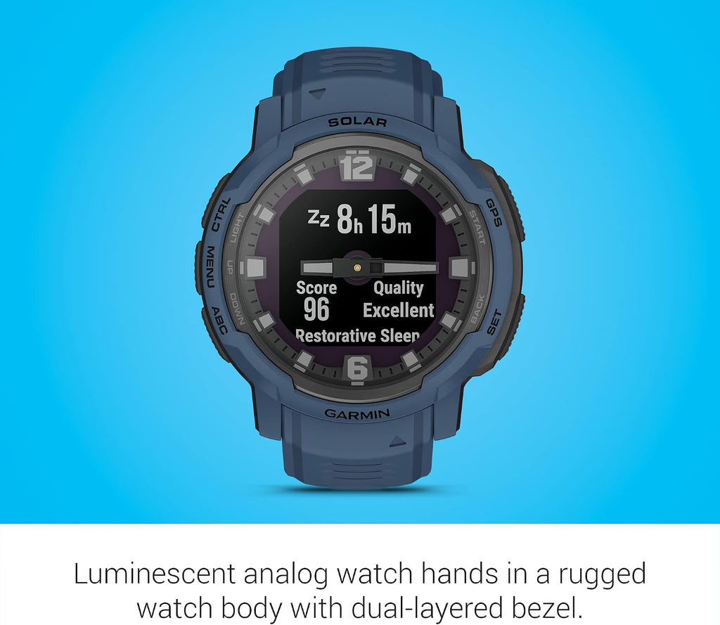 Garmin Instinct Crossover Solar, Rugged Hybrid Smartwatch with Solar Charging Capabilities, Analog Hands and Digital Display, Tidal Blue
