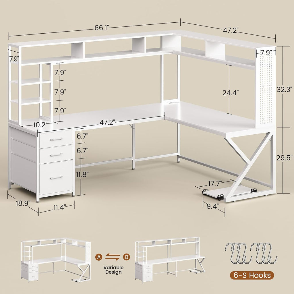 SEDETA Corner Computer Desk, Convertible 94.5' Gaming Desk with Storage Drawers, Hutch and Pegboard, L Shaped Office Desk with Power Outlet, LED Lights for Home Office, White