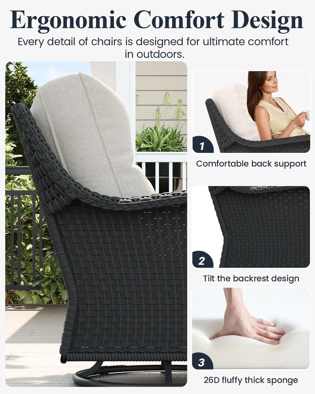 LayinSun 3 Piece Wicker Outdoor Furniture Set with 6-inch Comfy Cushions, High Back Patio Furniture Set with Swivel Rocking Chairs and Side Table