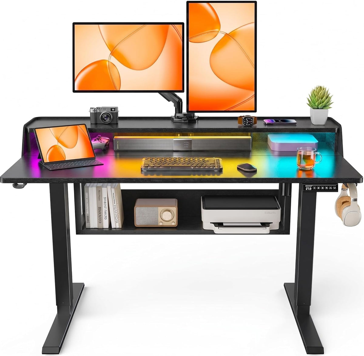 ErGear Electric Standing Desk, 48x24 Inch Adjustable Sit Stand Desk with Bookshelf & Monitor Stand, Standing Gaming Desk with LED Light Strip, Stand Up Desk for Home Office, Black