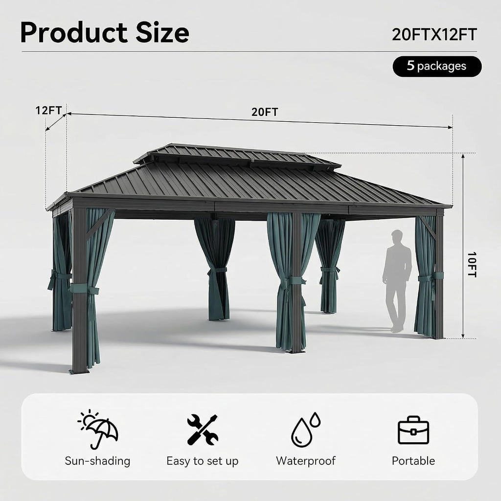HOTEEL 12x20 Gazebo on Clearance with Metal Roof, Heavy Duty Hardtop Gazebo with Flame-Retardant Curtain & Netting, Outdoor Hard Top Gazebos with Galvanized Steel Double Roof for Backyarad,Patio Black