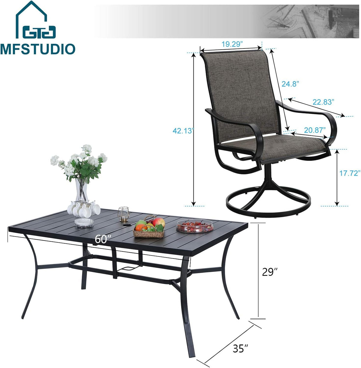 MFSTUDIO Outdoor Dining Set for 6, Patio Furniture Set with Orange Red Umbrella (Base not Included), Rectangle Metal Table and 6 Swivel Chairs for Patio, Deck, Backyard, Garden
