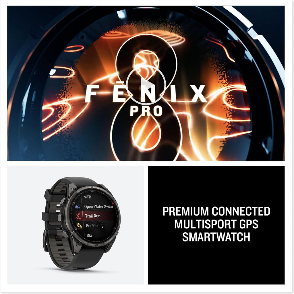 Garmin Fenix 8 Pro, 47mm, AMOLED Display, Premium Multisport GPS Smartwatch, inReach Technology for Emergency Survival, Health Tracking | Carbon Gray/Black, Signature Series Power Bundle