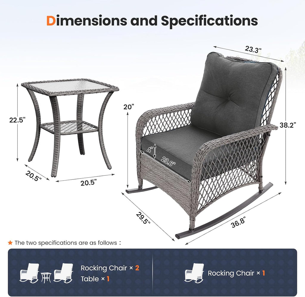 UDPATIO Rocking Chair Outdoor Set 2 with Coffee Table, 3 Piece Wicker Rocking Bistro Set with 4' Water-Resistant Cushions, Oversized, 350lbs Heavy-Duty, for Porch, Patio, Balcony, Grey