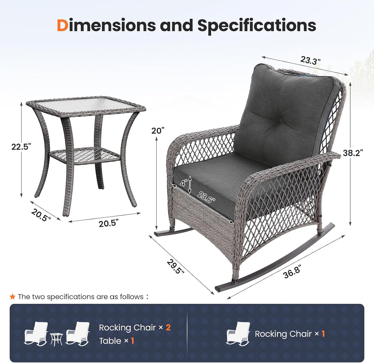 UDPATIO Rocking Chair Outdoor Set 2 with Coffee Table, 3 Piece Wicker Rocking Bistro Set with 4' Water-Resistant Cushions, Oversized, 350lbs Heavy-Duty, for Porch, Patio, Balcony, Grey