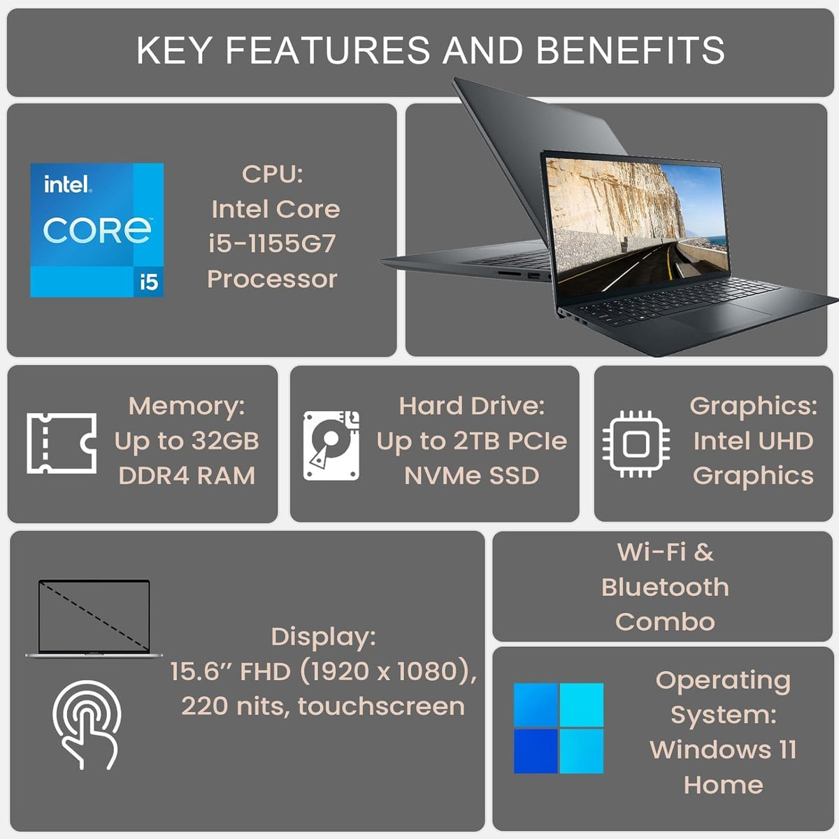 Dell Inspiron 3000 Series Laptop, 15.6' FHD Touchscreen, Intel Core i5-1135G7, 16GB DDR4 RAM, 1TB Storage(512GB SSD+500GB HDD), Webcam, SD Card Reader, Wi-Fi, Windows 11 Home, Black