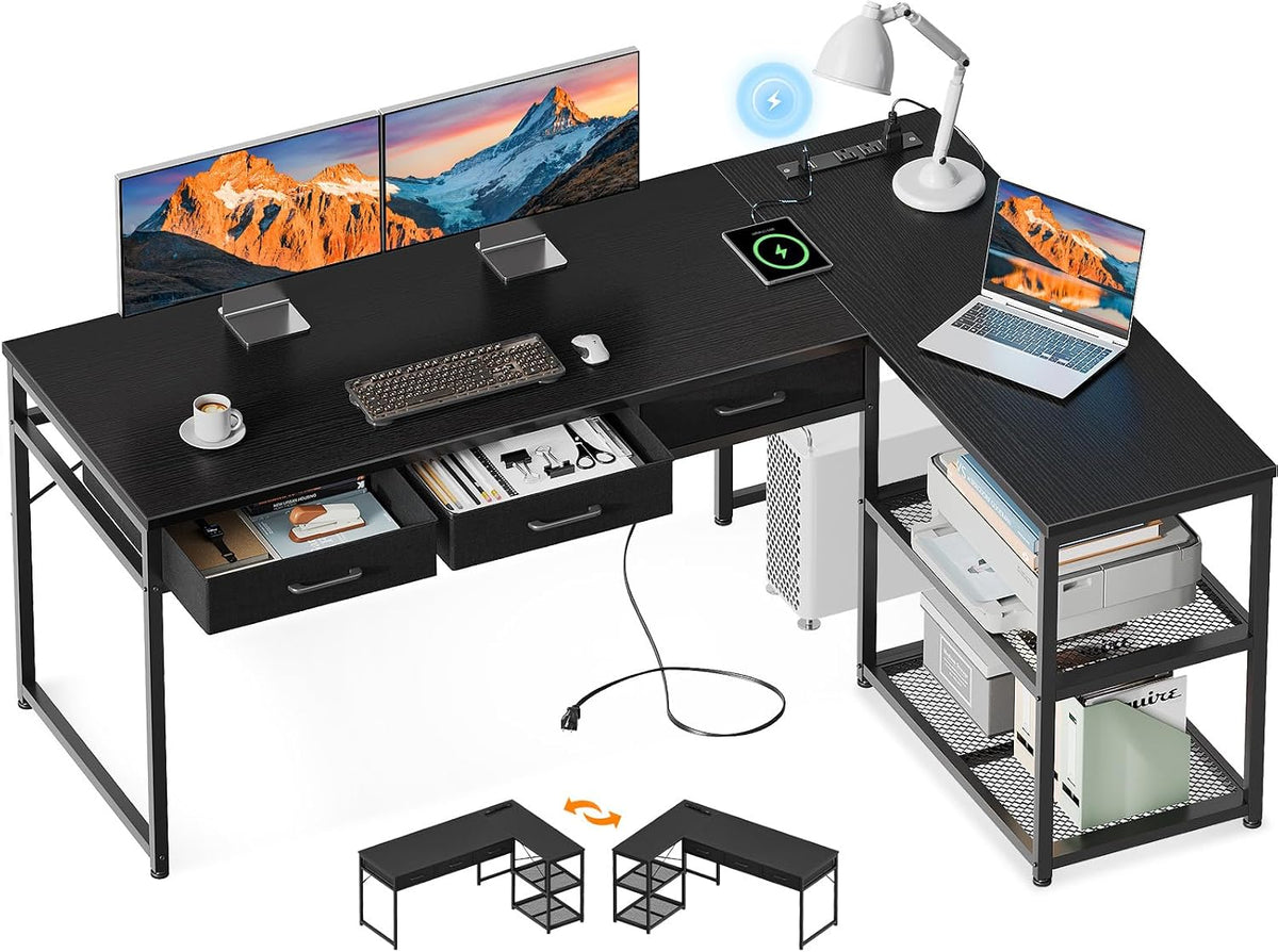 AODK 61 Inch L Shaped Computer Desk with Drawers, Corner Desk with Power Outlets & Reversible Storage Shelves, for Home Office Gaming, Black