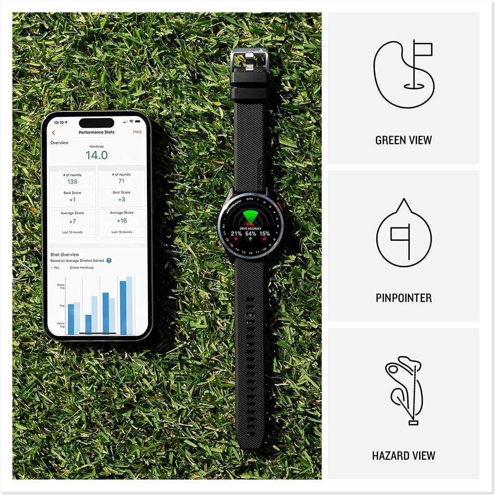 Garmin 010-03009-00 Approach S44 GPS Golf Smartwatch, Silver Aluminum Bezel with Black Silicone Band Bundle with Deco Essentials Exclusive 26 Month CPS Enhanced Protection Pack