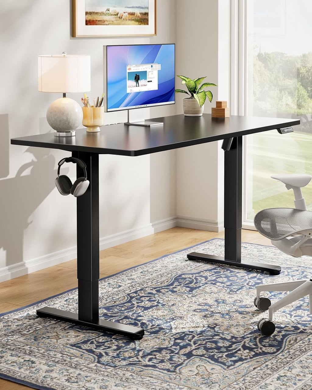 HUANUO Electric Standing Desk, Whole Piece Desktop, Adjustable Height Computer Desks, 4 Height Memory Settings, Sit Stand Up Desk for Home Office, 48' x 24', Black