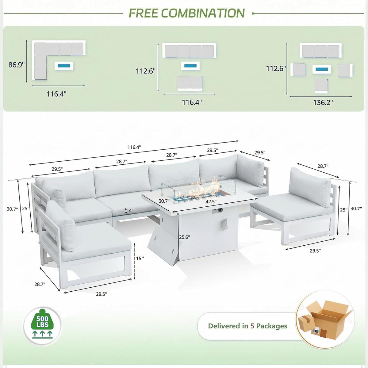 RADIATA 6 Person Large Modern Aluminum Outdoor Patio Furniture Set with Fireplace, 29' Wide Deep Seating, U Shaped Combo Sectional Couch, Water Resistant Conversation Set for Backyard Terrace, White