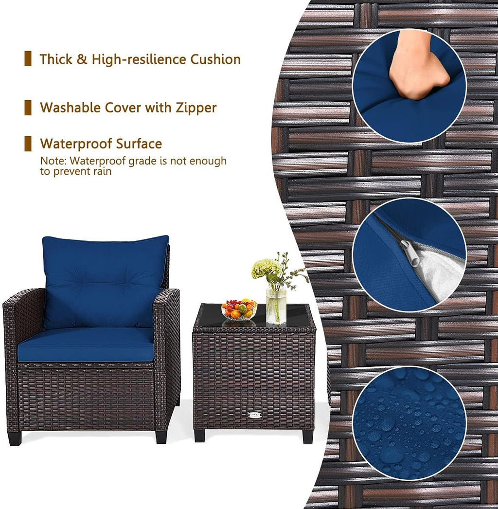 HAPPYGRILL 3 Pieces Patio Conversation Set, Outdoor Furniture Set PE Rattan Sofa Set with Removable Cushions, PE Wicker Chairs with Tempered Glass Side Table for Porch Lawn Garden Balcony Backyard