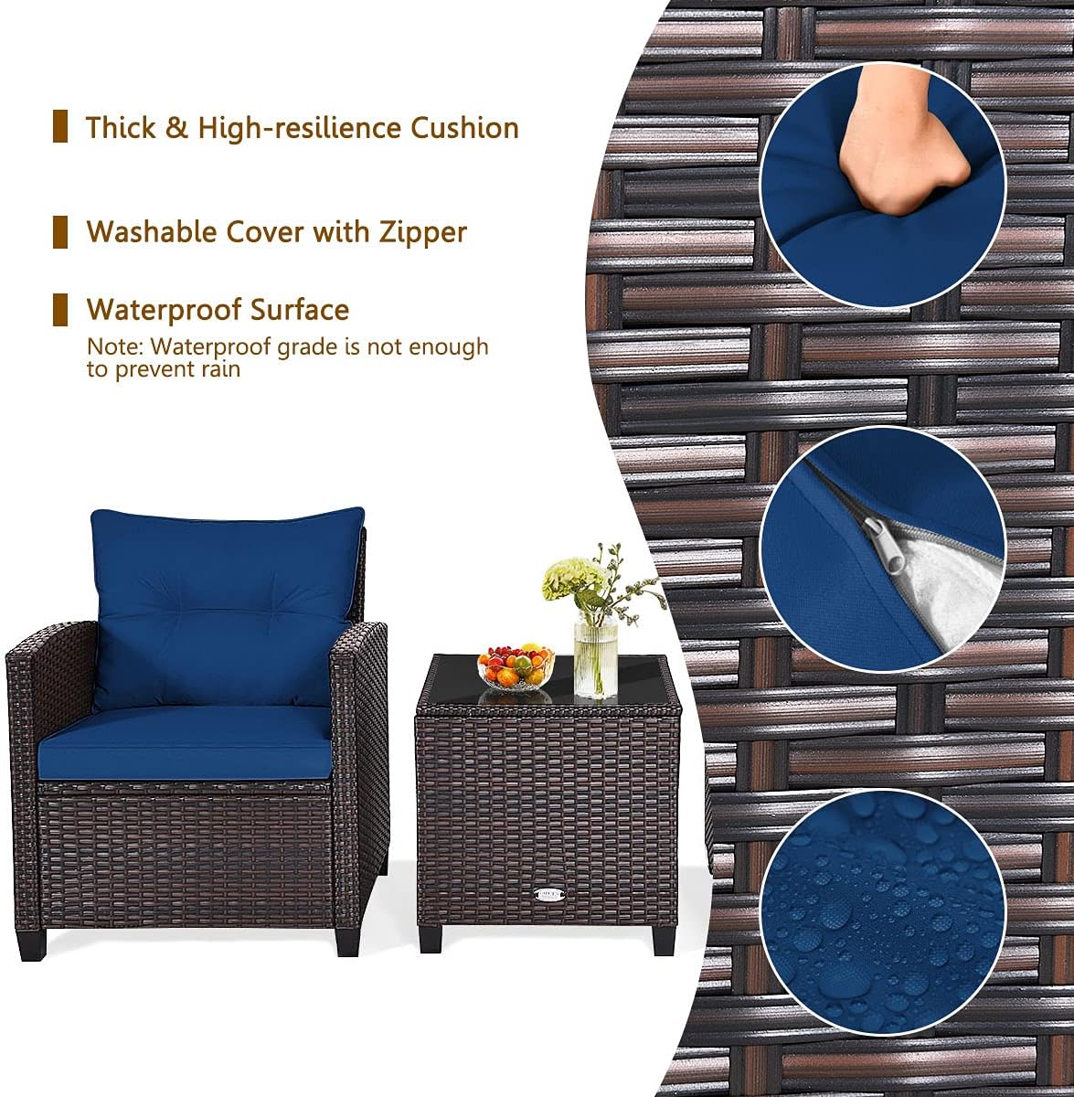 HAPPYGRILL 3 Pieces Patio Conversation Set, Outdoor Furniture Set PE Rattan Sofa Set with Removable Cushions, PE Wicker Chairs with Tempered Glass Side Table for Porch Lawn Garden Balcony Backyard