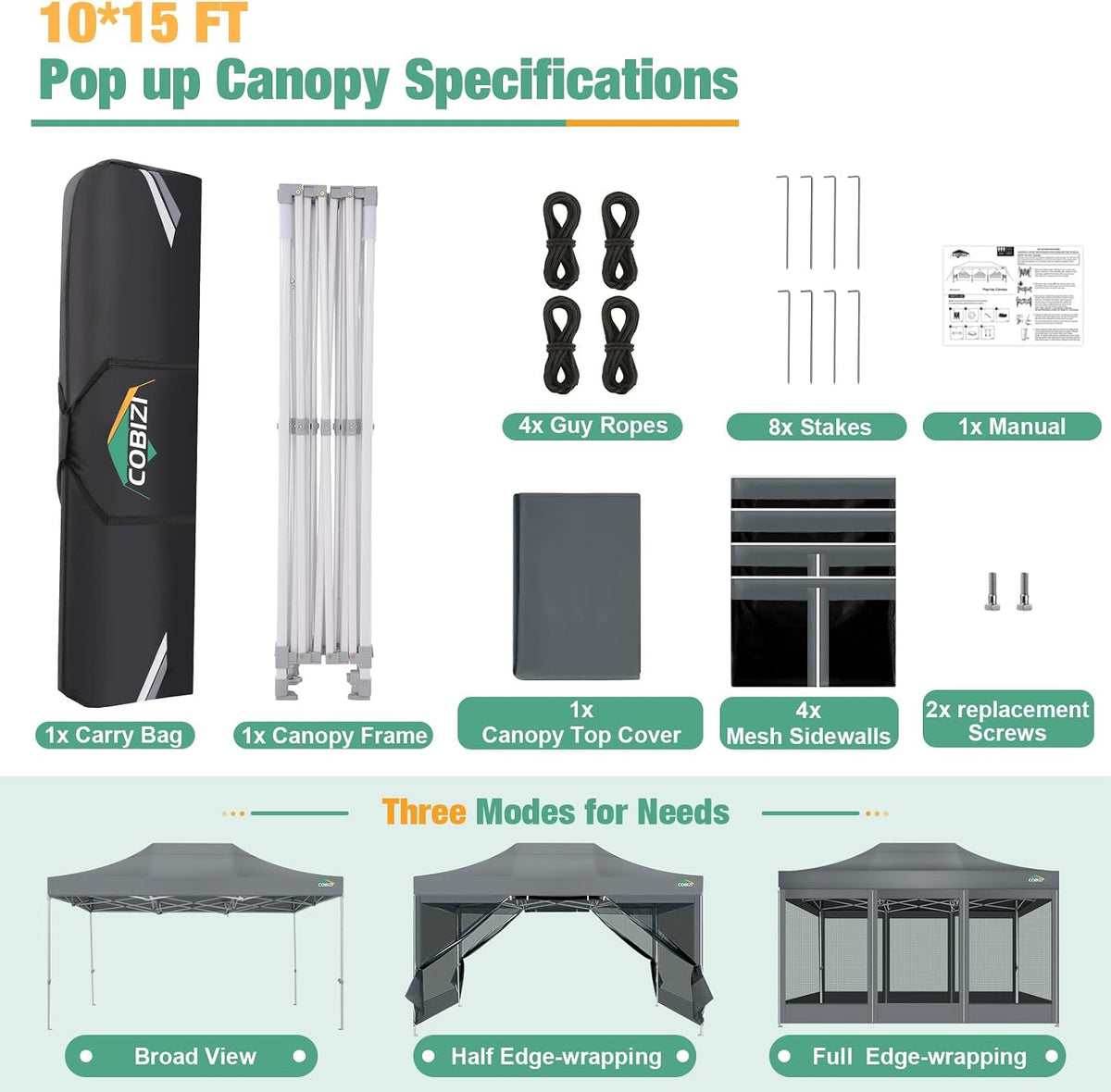 COBIZI 10x15 Heavy Duty Pop-Up Canopy Tent With Sidewalls, Waterproof Easy Setup, Mosquito Netting, Outdoor Instant Screen for Parties, Wedding, Backyard - Carry Bag Included, Gray