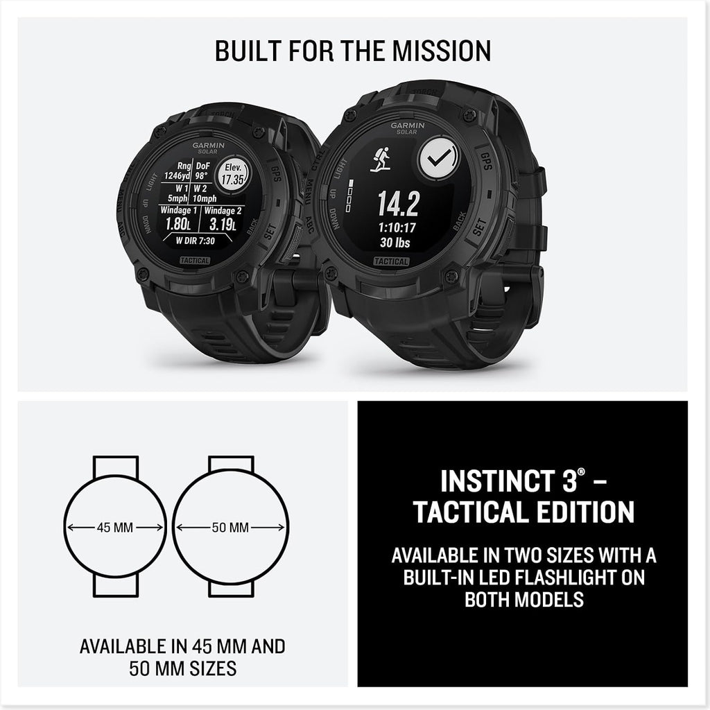 Garmin Instinct 3 Tactical Edition, Solar Charged 50mm Display, Outdoor Rugged GPS Smartwatch Bundle with USB Wall Charger + Microfiber Cleaning Cloth