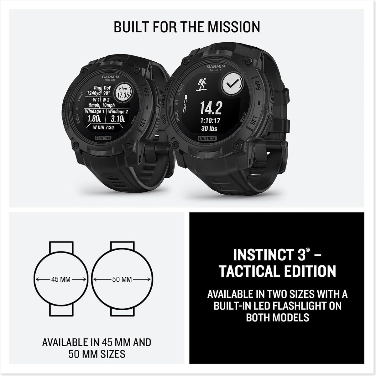 Garmin Instinct 3 Tactical Edition, Solar Charged 45mm Display, Outdoor Rugged GPS Smartwatch Bundle with USB Wall Charger + Microfiber Cleaning Cloth + More