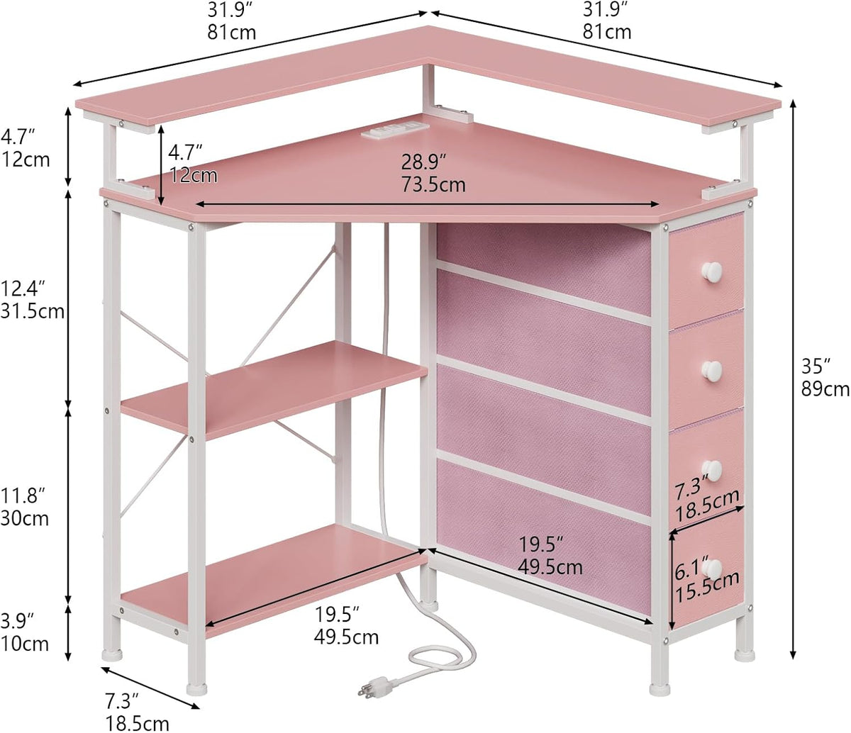 VENNQD Corner Desk with Drawers Shelves for Small Space 90 Degrees Triangle Computer Desk with Power Outlets,Gaming Desk with LED Lights Monitor Stand for Home Office Workstation Writing Table (Pink)