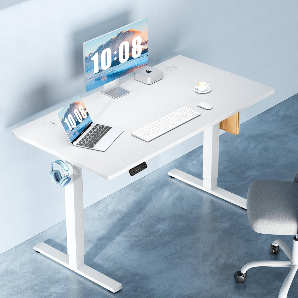 DUMOS 63 Inch Electric Standing Desk Height Adjustable, Sit to Stand Computer Workstations Large Work PC Table Home Office Writing Gaming Desks with Memory Presets for Walking Pad, Bedroom, White