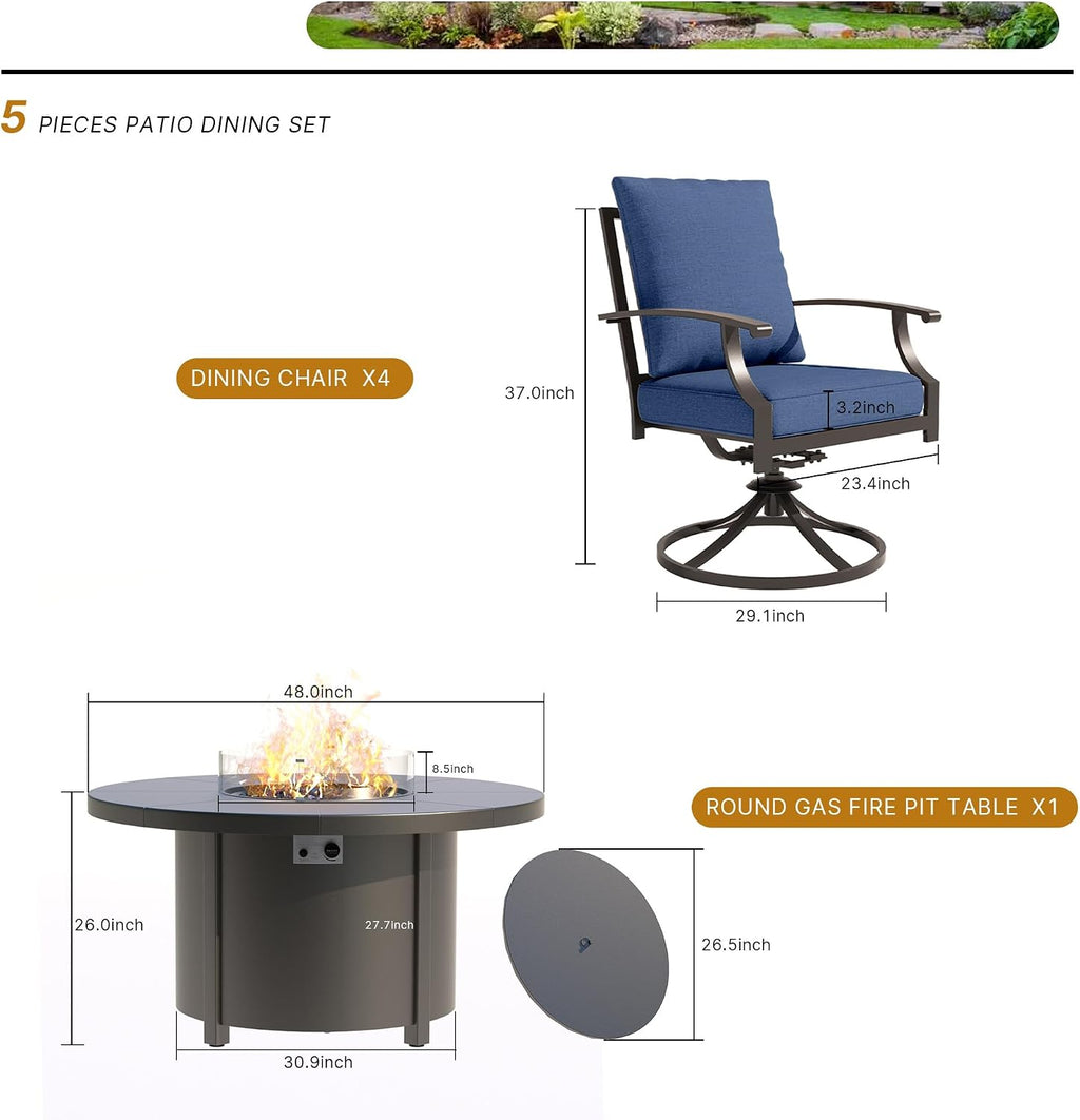 5 Piece Metal Outdoor Patio Furniture Set with 48'/55000 BTU Round Fire Pit Table,Outdoor Dining Table Set 4 Swivel Chairs No-Slip Cushions and Waterproof Covers,Navy