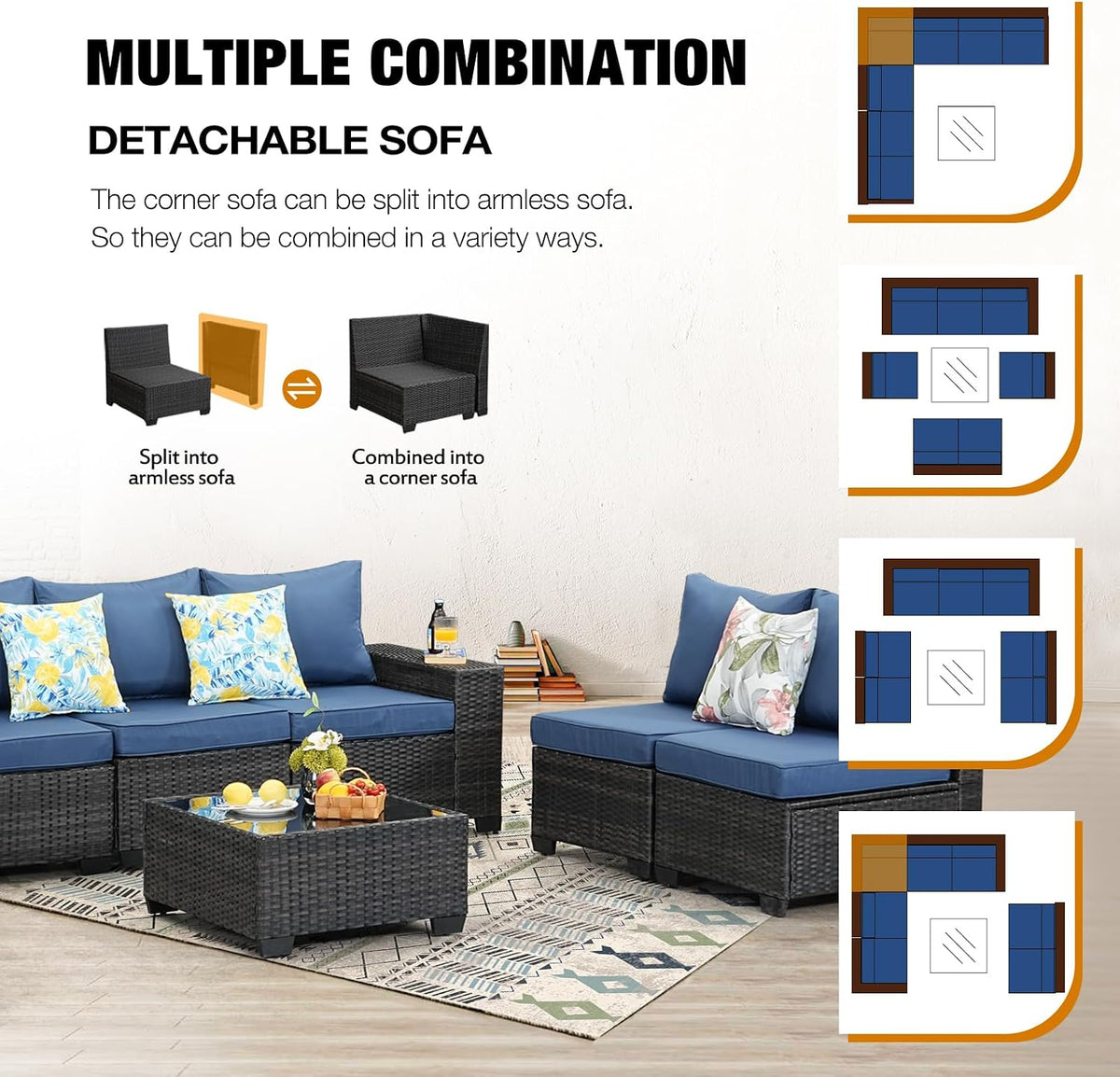 JOYURE 8 Pieces Patio Furniture Set All-Weather Outdoor Wicker Sectional Conversation Sofa Rattan Patio Seating Sofa with Cushion and Glass Table for Porch Poolside,Navy
