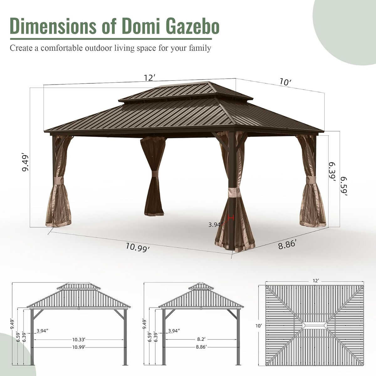 Domi 10' x 12' Hardtop Gazebo, Outdoor Metal Gazebo for Patios with Galvanized Steel Double Roof, Heavy Duty Curtains and Netting Included, Permanent Pergola for Backyard, Garden Lawn, Brown