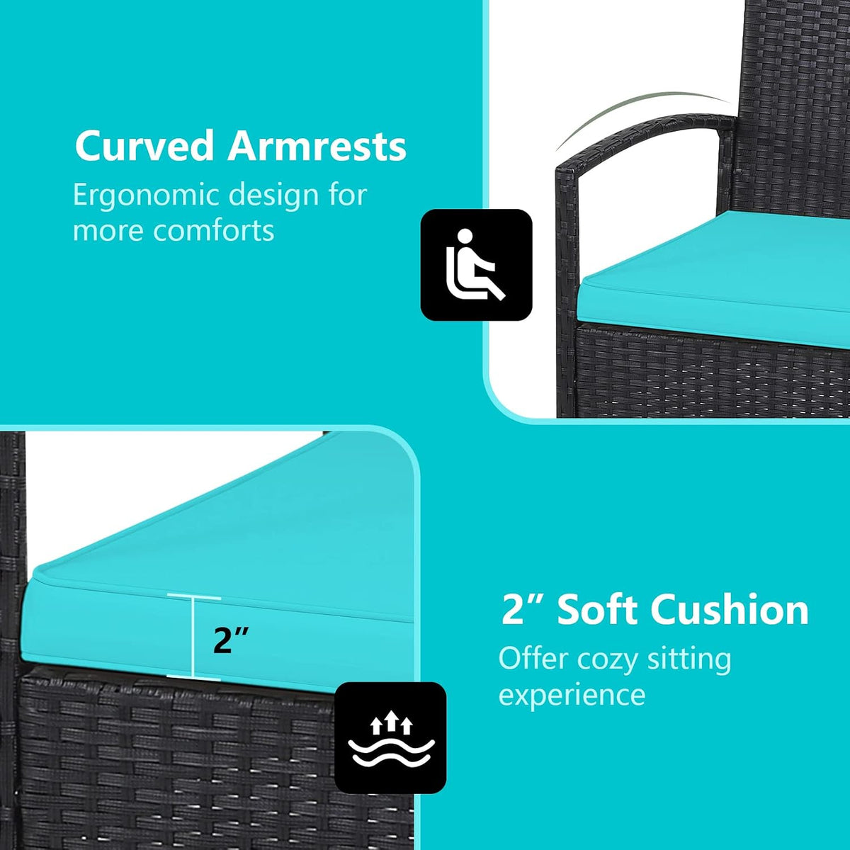 RELAX4LIFE 3-Piece Patio Furniture Set - Rattan Conversation Set, Wicker Bistro Set w/2 Chairs, Glass Coffee Table, Steel Frame, Outdoor Chairs Set for Yard Balcony, Front Porch Furniture (Turquoise)
