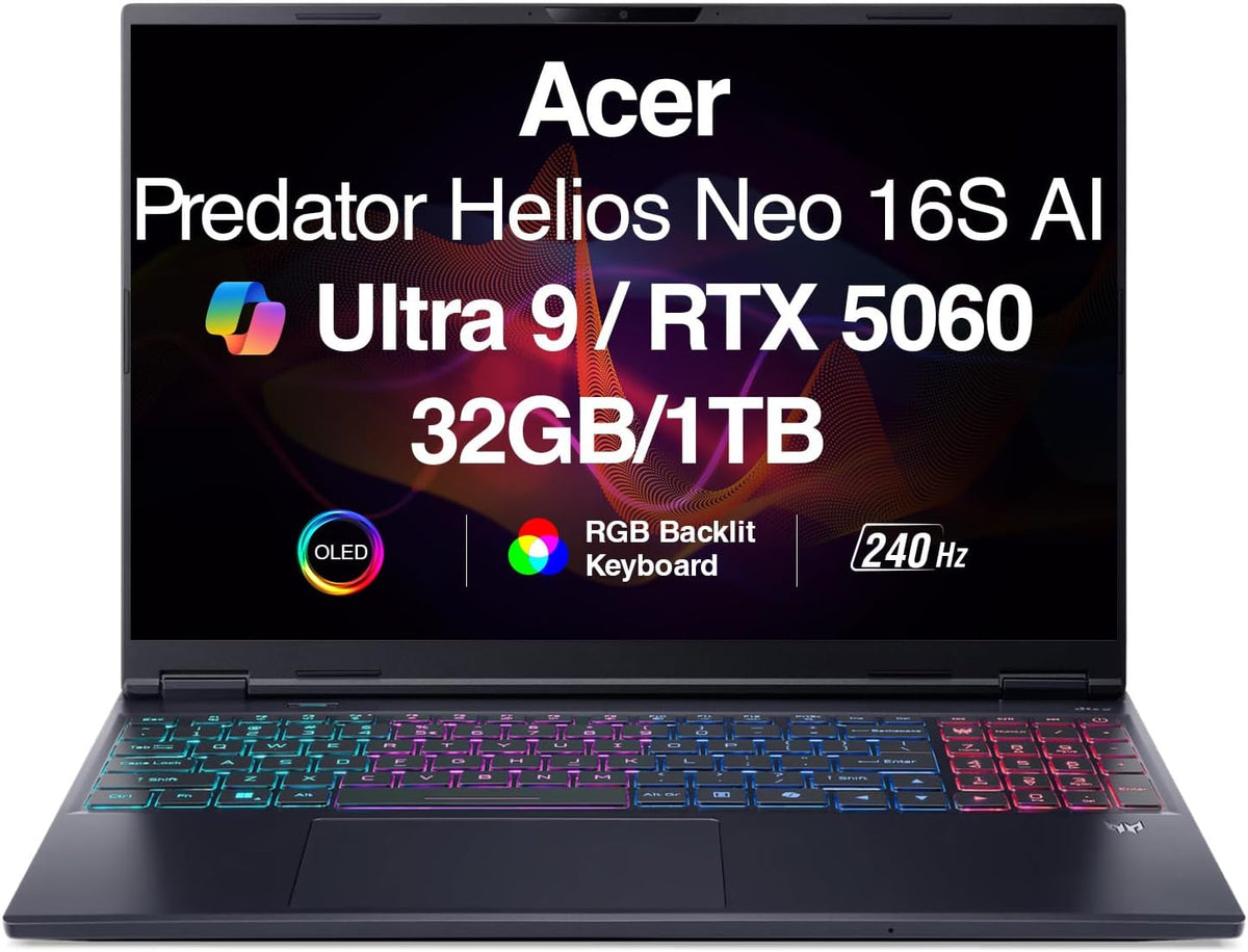 Acer Predator Helios Neo 16 AI Gaming Laptop | 16' WQXGA 240Hz | Intel Core Ultra 9 275HX | NVIDIA GeForce RTX 5060 | 32GB | 1TB | Win 11