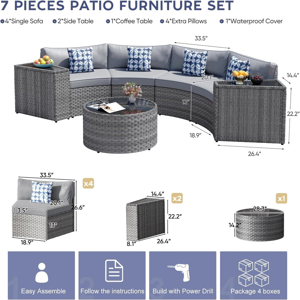 Restland Half Moon Patio Furniture Set with Tables,7 Pieces Wicker Outdoor Sectional Curved Sofas, Round Conversation Set, Grey Rattan