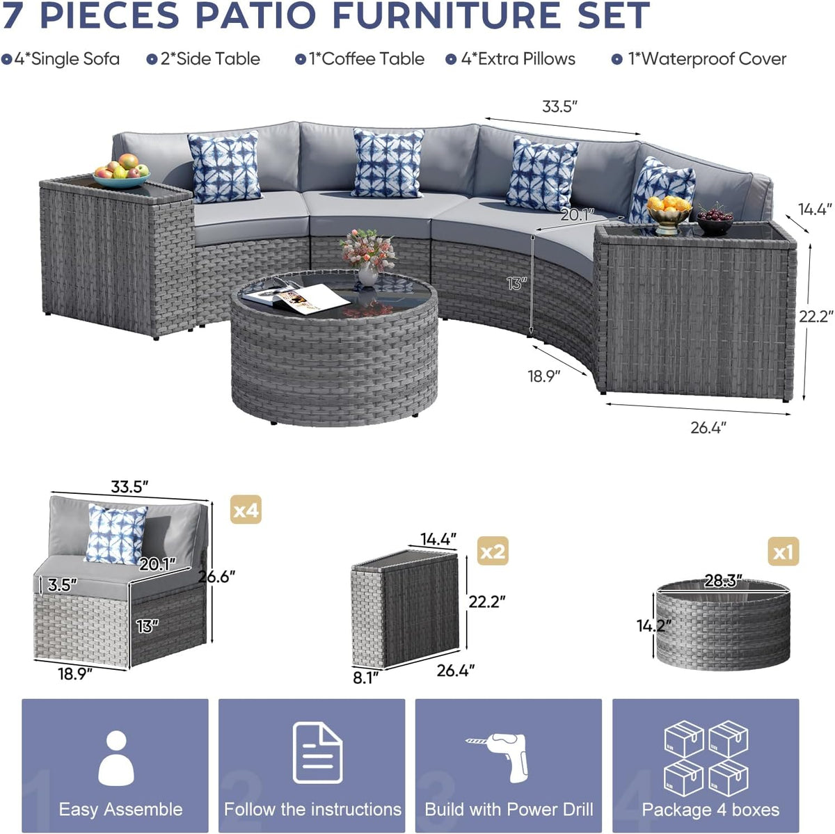 Restland Half Moon Patio Furniture Set with Tables,7 Pieces Wicker Outdoor Sectional Curved Sofas, Round Conversation Set, Grey Rattan