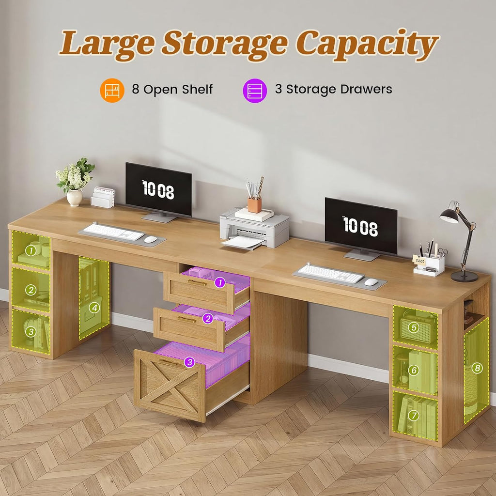SEDETA Farmhouse 96.5' Computer Desk with Drawers, 2 Person Home Office Desk, Gaming Double Desk with Storage Shelves, Long Two Person Writing Desk, Oak