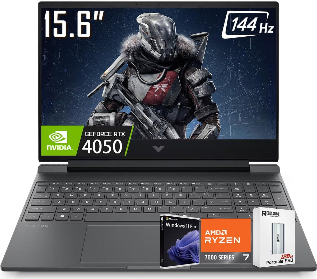 HP Victus 15.6' FHD 144Hz Gaming Laptop，AMD Ryzen 7 7445HS(Up to 4.7Ghz, NVIDIA RTX 4050, 16GB DDR5 RAM, 512 TB PCIE SSD, Ethernet, Webcam, with Copilot, Backlit KB, W/128G PSD, Win 11 Pro