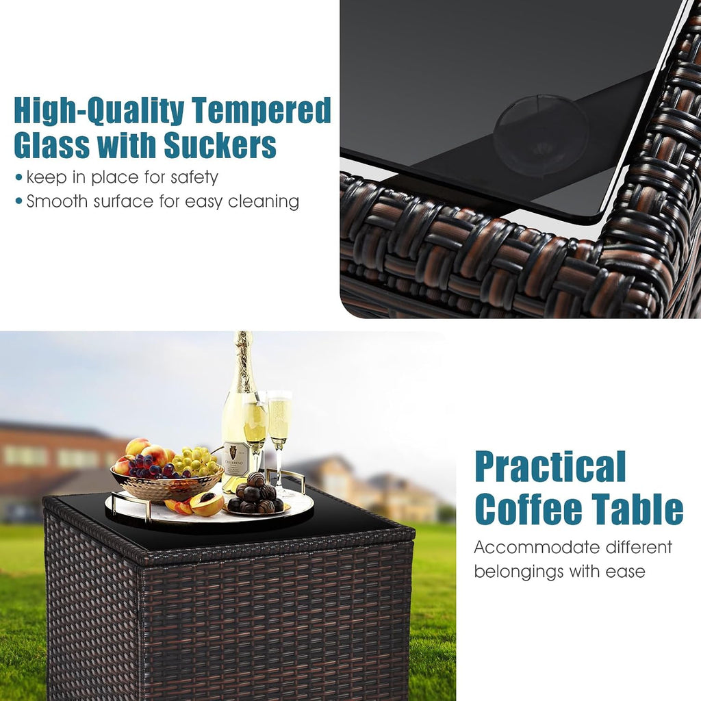HAPPYGRILL 3 Pieces Patio Conversation Set, Outdoor Furniture Set PE Rattan Sofa Set with Removable Cushions, PE Wicker Chairs with Tempered Glass Side Table for Porch Lawn Garden Balcony Backyard