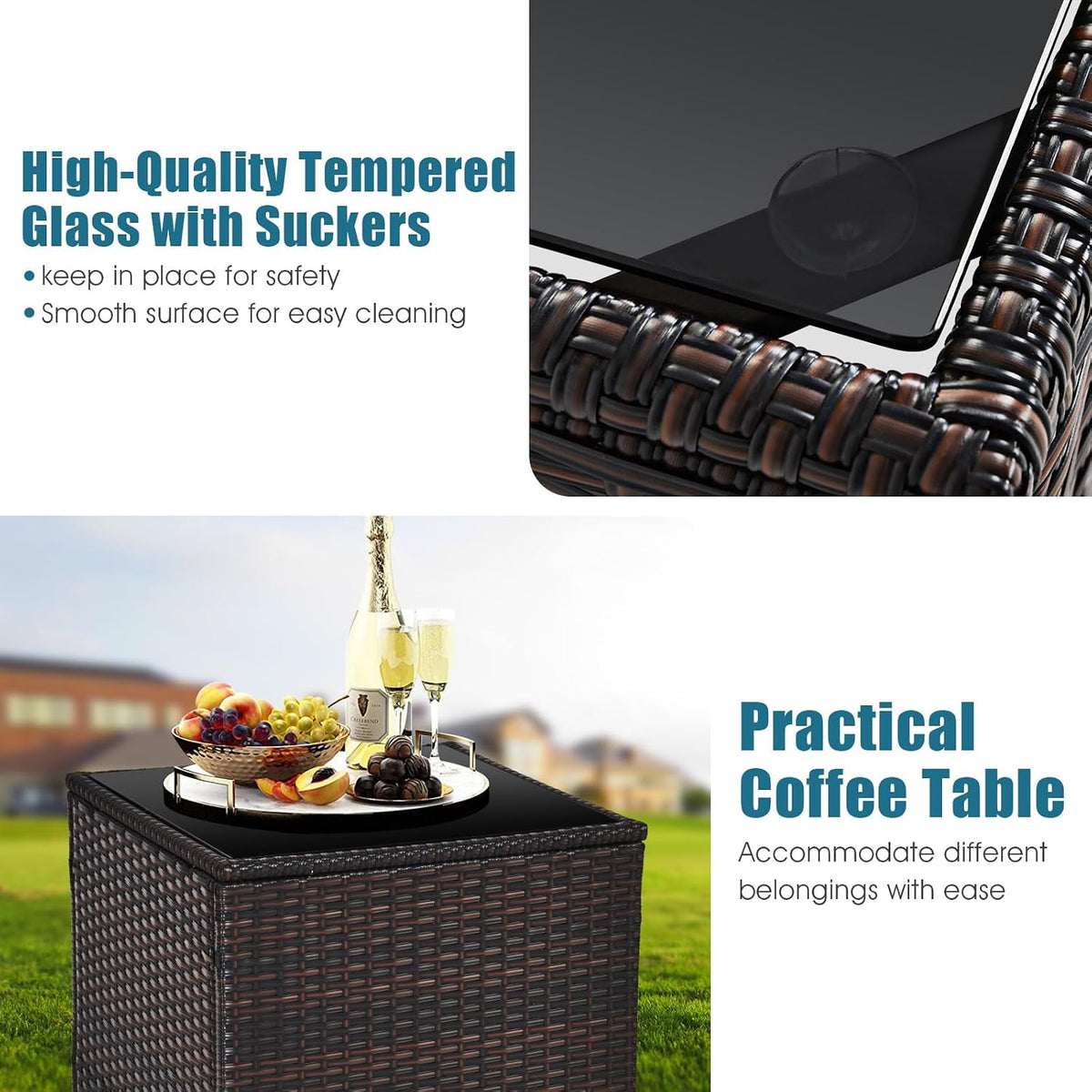 HAPPYGRILL 3 Pieces Patio Conversation Set, Outdoor Furniture Set PE Rattan Sofa Set with Removable Cushions, PE Wicker Chairs with Tempered Glass Side Table for Porch Lawn Garden Balcony Backyard
