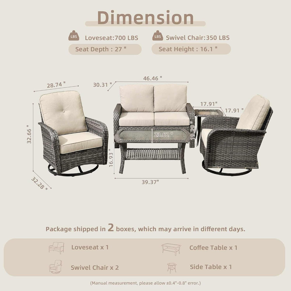 CAODOC 5 Pieces Patio Furniture Set,Outdoor Furniture with Rockers, Rattan Conversation Sets w/Coffee Table, Grey Wicker Light Beige Cushion