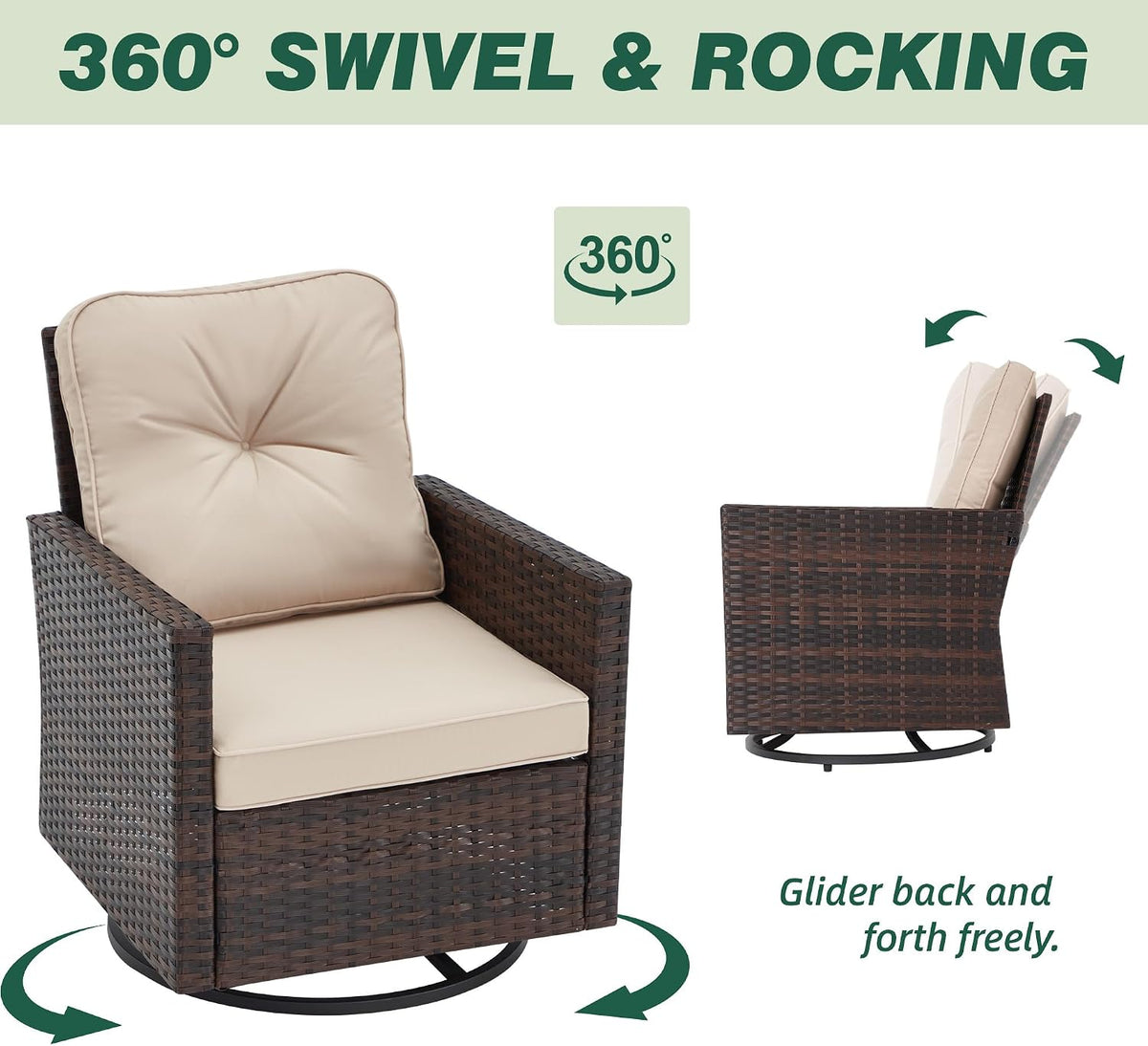 AVAWING 5 PCS Patio Swivel Rocking Chairs Set with Ottoman, Outdoor Wicker Furniture with Rattan Side Table, 360° Swivel Chairs for Garden, Porch, Backyard, Beige/Brown Wicker