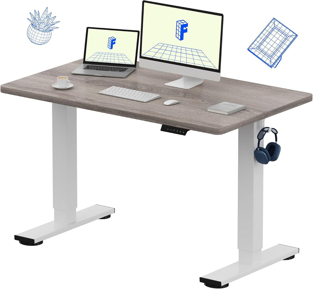 FLEXISPOT EN1 One-Piece Standing Desk with 1-Inch Thick Seamless Desktop, 48'x24' Electric Height Adjustable Desk for Home Office, Multi-Monitor Setups & Easy Assembly, Gray Wood