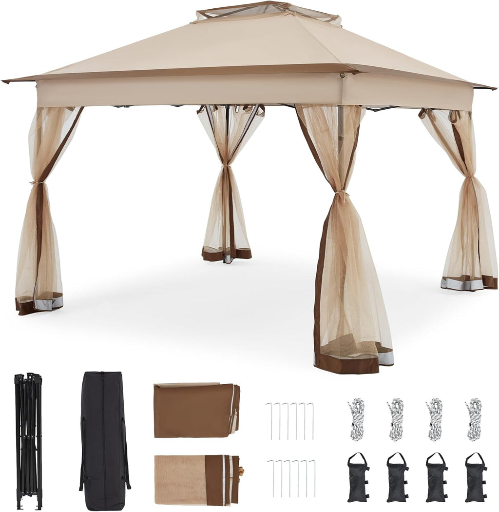 Bezseller 11x11 Pop Up Gazebo with Mosquito Netting – Easy 1-Person Setup, Water-Resistant Backyard Canopy for Family Patio & Garden Use,Khaki