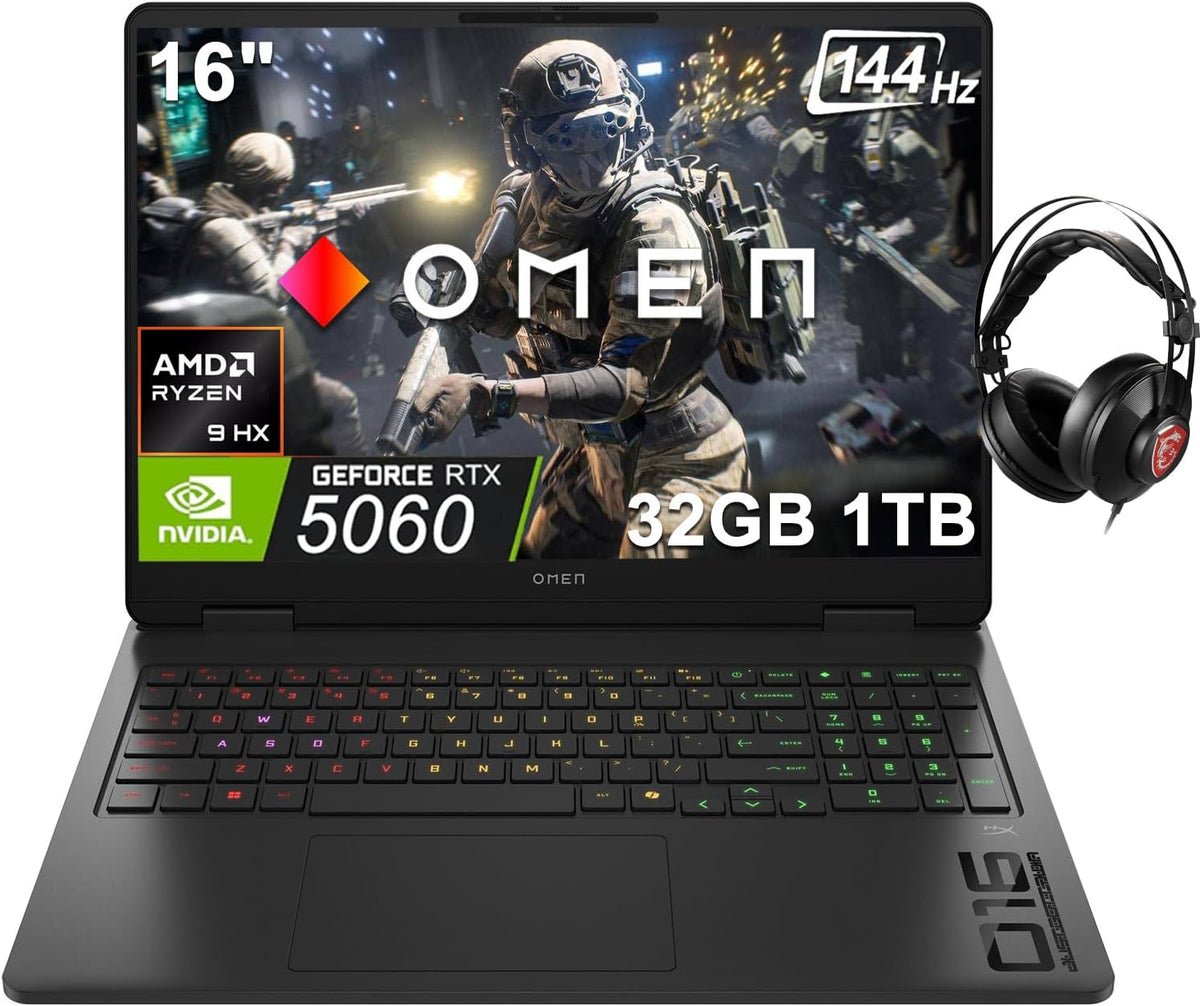 HP OMEN 16 Slim Gaming Laptop w/ Headset (AMD Ryzen 9 8940HX, 32GB DDR5, 1TB SSD, NVIDIA RTX 5060 8GB, 16-core (>Ultra 7-155H)), FHD+ 144Hz Display, 4-Zone RGB Backlit, IR Webcam, Wi-Fi, Win 11 Home