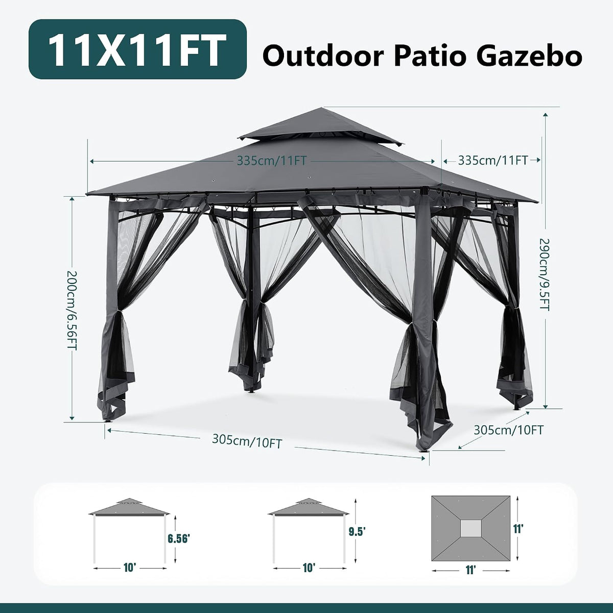 MASTERCANOPY Outdoor Garden Gazebo for Patios with Stable Steel Frame and Netting Walls (11x11,Dark Gray)
