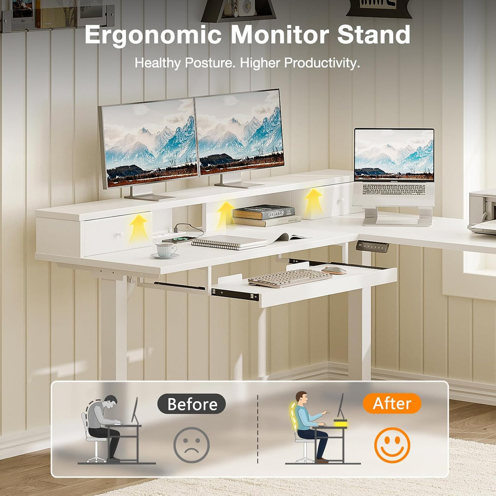 Casaottima 59 Inch Electric L-Shaped Standing Desk with Drawers, Height Adjustable Stand Up Corner Desk with Monitor Stand & Keyboard Tray, Lift Table for Home Office, Workstation, White