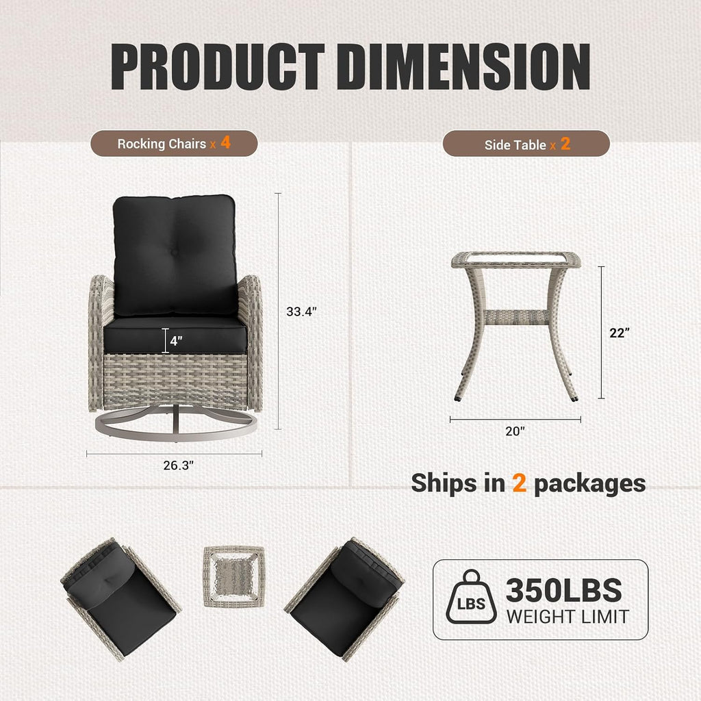 6-Piece Patio Rocking Swivel Chair Outdoor Wicker Rattan Bistro Set with Tempered Glass Side Table, Outdoor Patio Furniture Set for Garden, Deck, and Balcony, Dark Grey