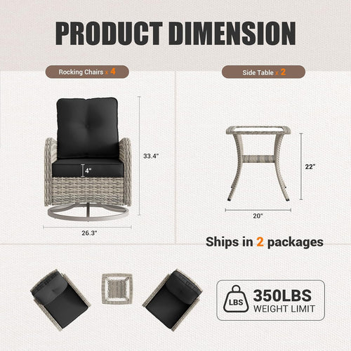 6-Piece Patio Rocking Swivel Chair Outdoor Wicker Rattan Bistro Set with Tempered Glass Side Table, Outdoor Patio Furniture Set for Garden, Deck, and Balcony, Dark Grey